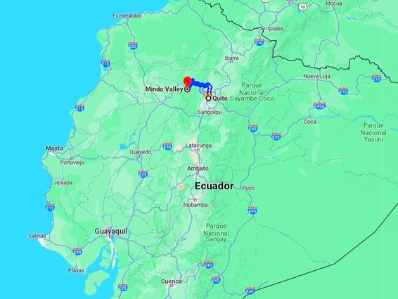 ECUADOR, QUITO TO MINDO, ECUADOR MAP, ECUADOR ITINERARY MAP