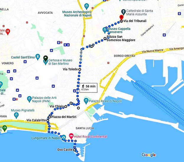 Napoli haritası, Napoli'de bir gün gezi, Napoli yürüyerek, Bir günde Napoli